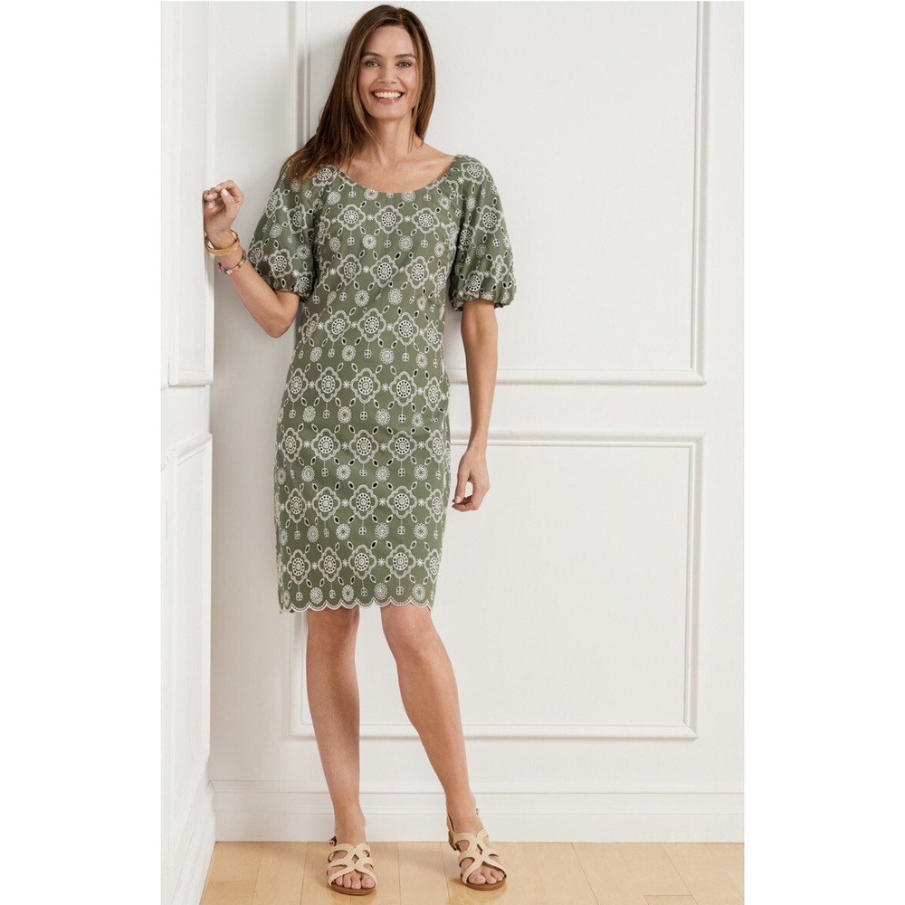 Talbots Dress Women's 12 Shift 2022 Puff Sleeve Green Embroidered Floral